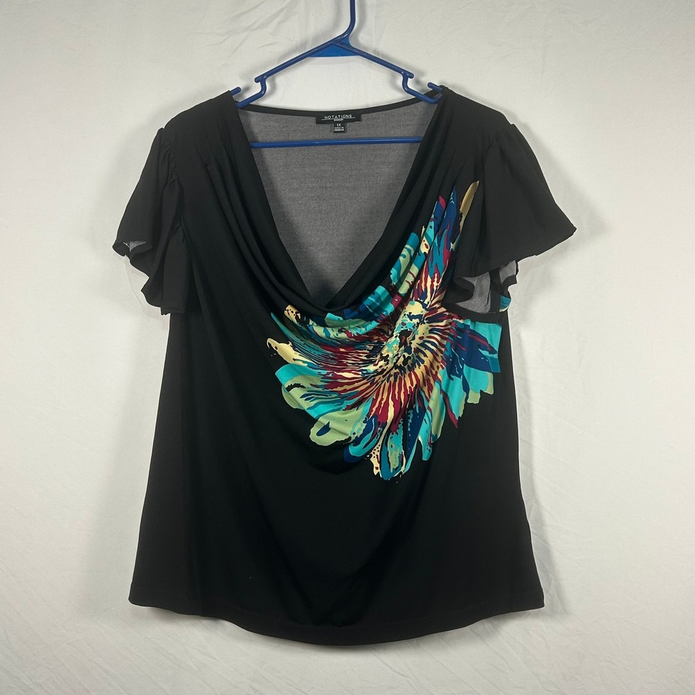 Notations Blouse Womens 1X Black Floral Graphic Cowl Neck Flutter Sleeve Top